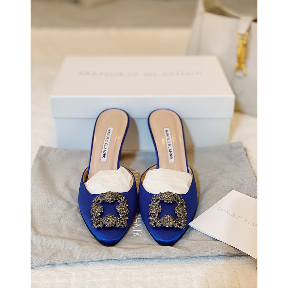 Manila Blahnik Hangisimu Blue satin Jewel Buckle Mules